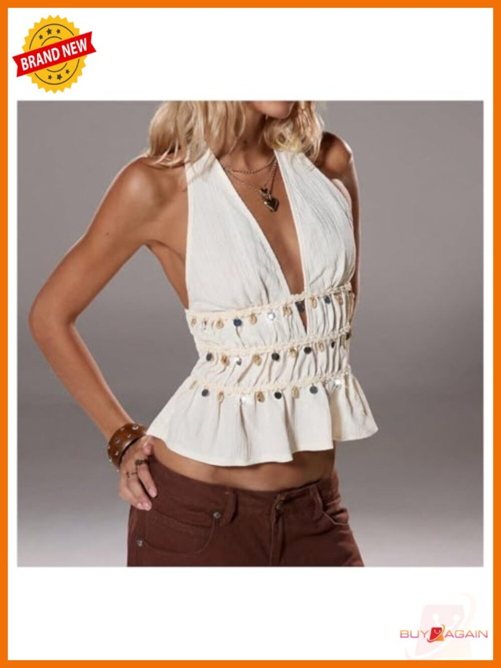 Deep V Halter Top Backless Beaded Ruched Ruffle Going Out Tank - Picture 6 of 6